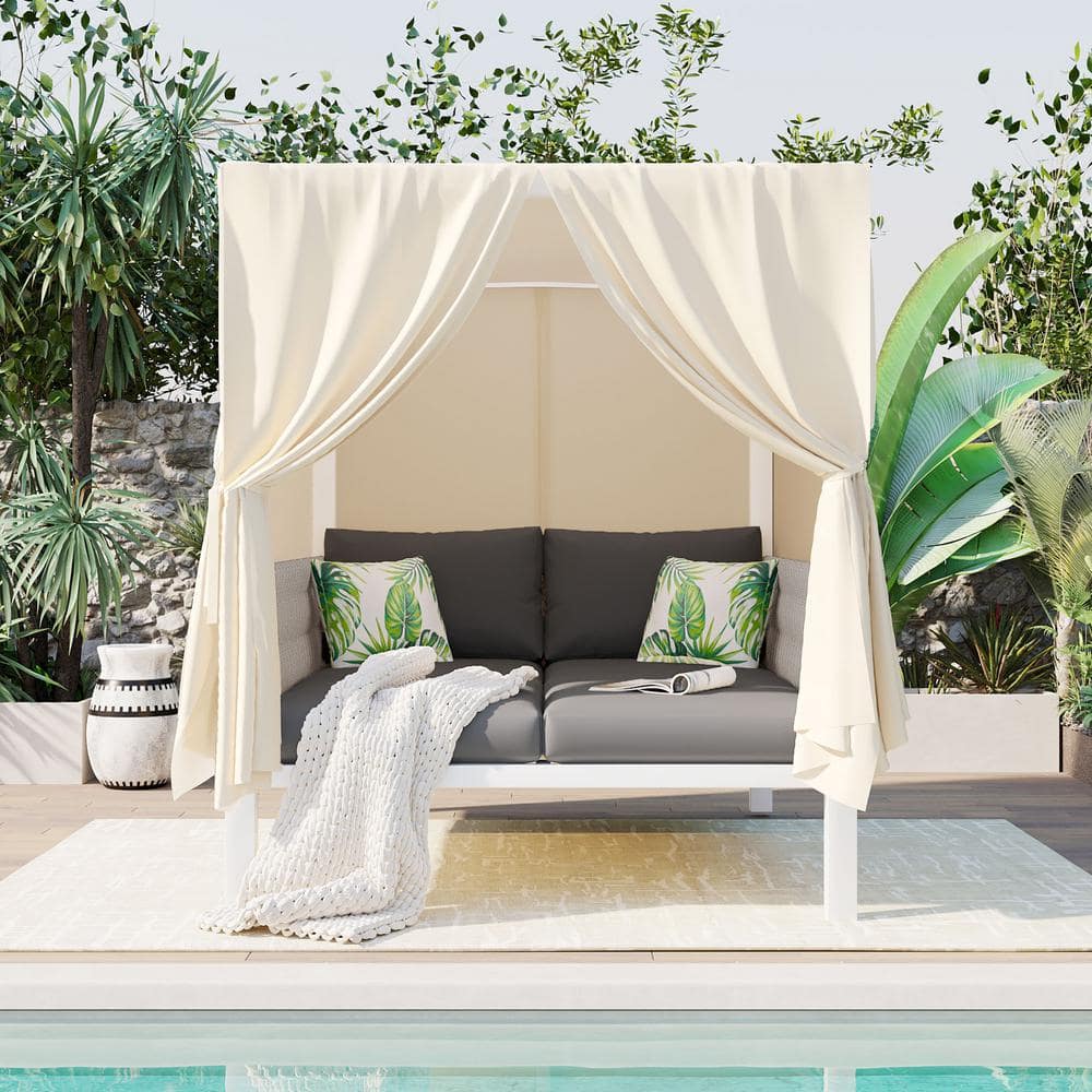 Cesicia White Metal Outdoor Day Bed with Beige Curtains Grey Cushions ...