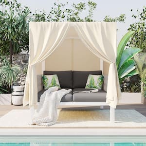 White Metal Outdoor Day Bed with Beige Curtains Grey Cushions Suitable for Multiple Scenarios