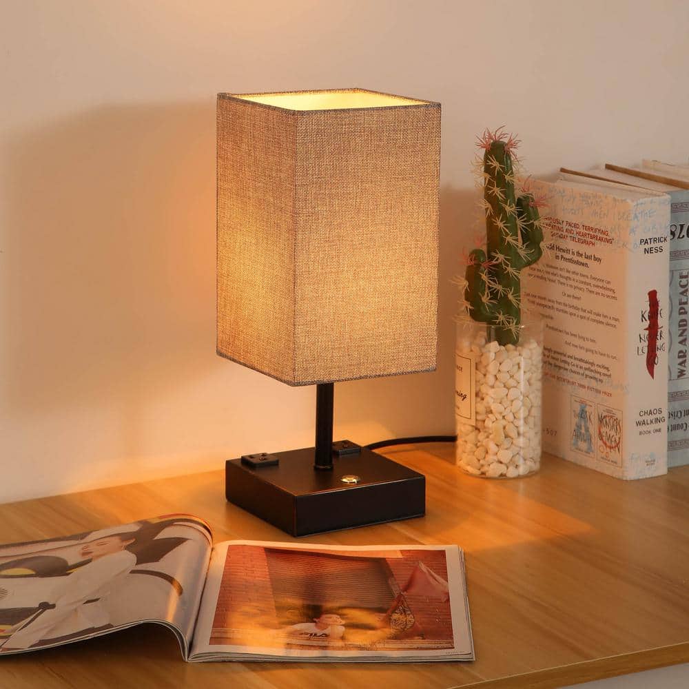 15" Black Touch Control Table Lamp with USB Ports and Fabric Shade