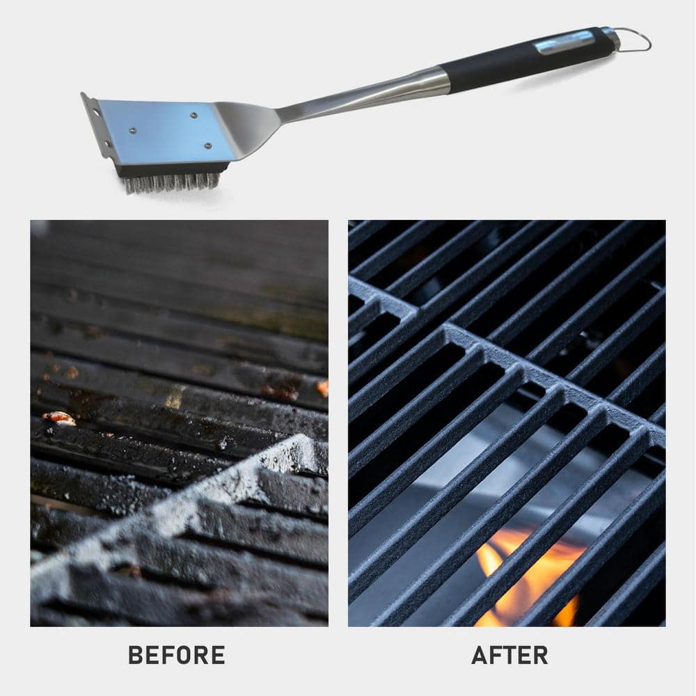 Stainless Steel BBQ Grill Brush with Scraper and Hanging Strap