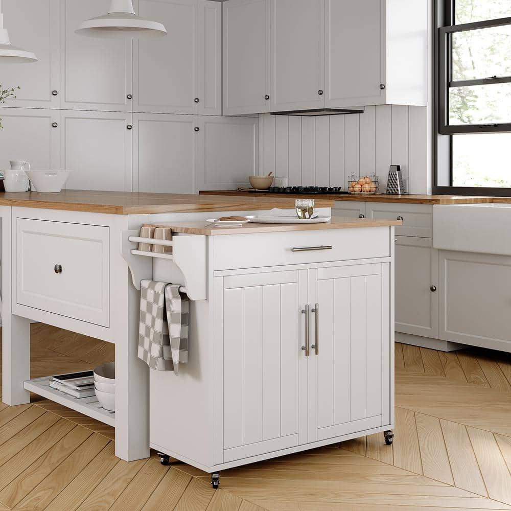 White and Natural Wood Rolling Kitchen Island with Storage Cabinet