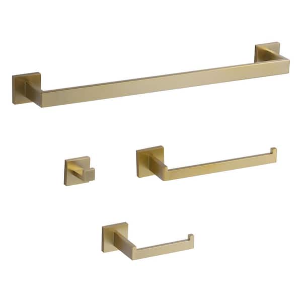 4-Piece Bath Hardware Set with 23.6 in. Towel Bar, Paper Holder, Towel Hook, Mounting Hardware Included in Gold