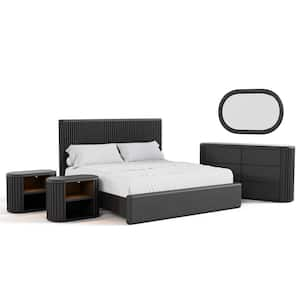 Eastbrook 5-Piece Modern Black Acacia Wood Queen Fluted Bedroom Set And 2 Nightstands with Motion Light