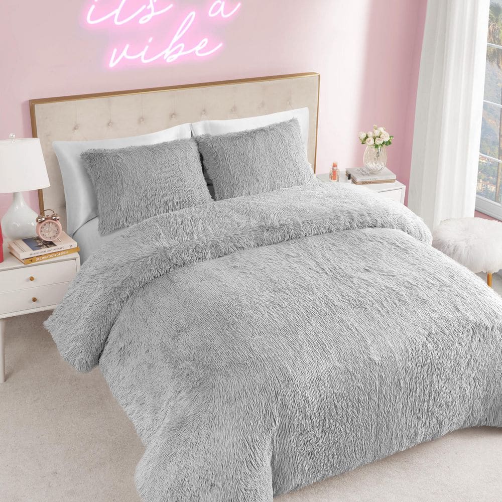 Gray Faux Fur King Comforter Set with Shams