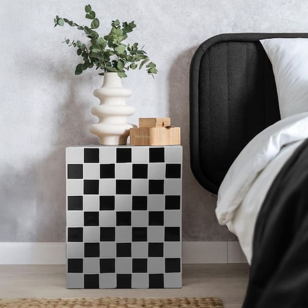 JONATHAN Y Callista 14 in. W x 18 in. H Modern Bohemian Ceramic Tiled Rectangle End Table, Light Gray/Black