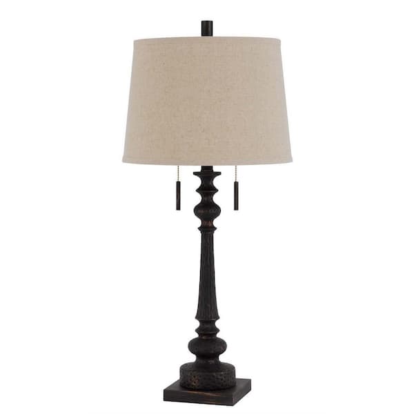 HomeRoots Charlie 31.5 in. Charcoal Integrated LED Candlestick Interior Lighting Table Lamp for Living Room w/Gray Linen Shade