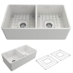 Classico Farmhouse Apron Front Fireclay 33 in. Double Bowl Kitchen Sink with Bottom Grid and Strainer in White