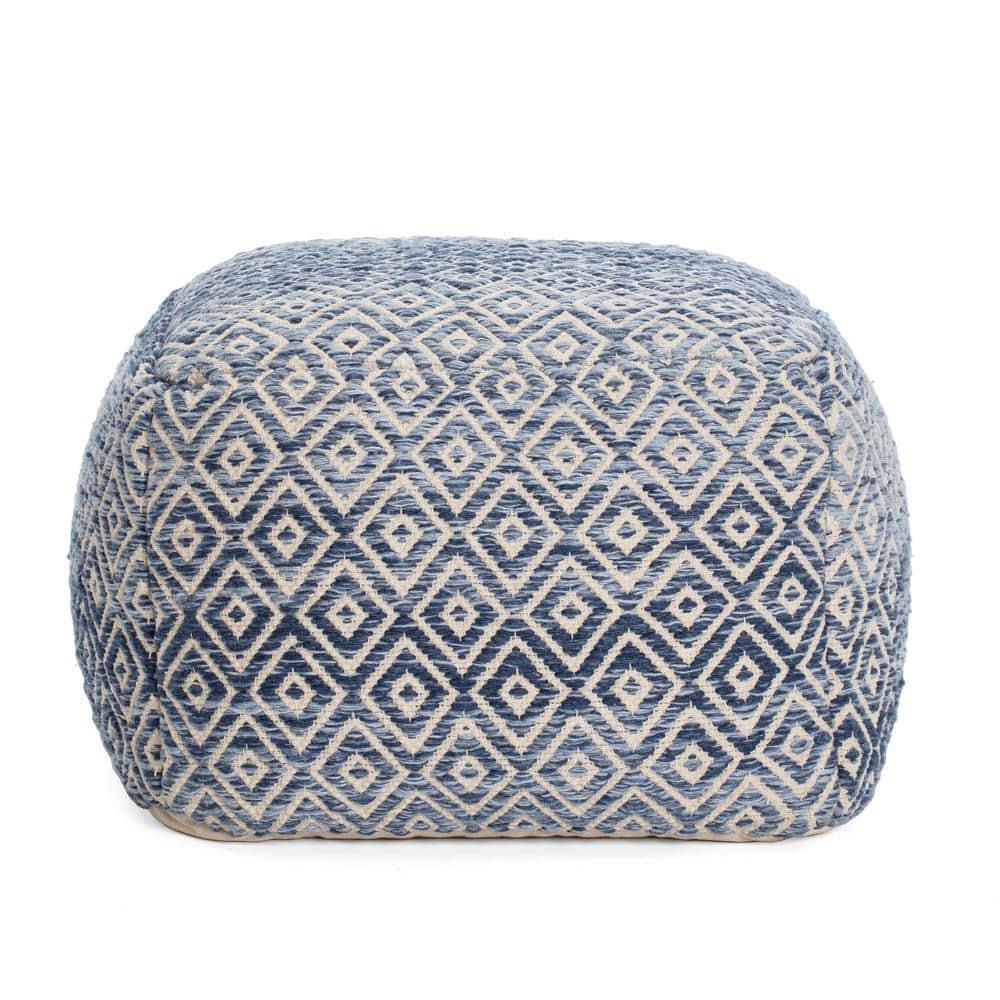 Cherokee Blue and Beige Diamond Pattern Square Pouf Ottoman