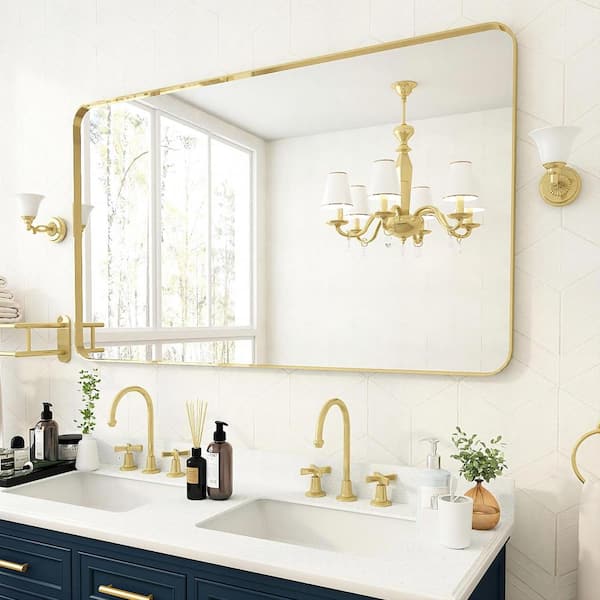 60 in. W x 36 in. H Rectangular Aluminum Framed Wall Bathroom Vanity Mirror in Gold
