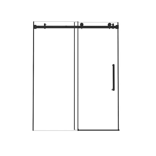 Frameless Single Sliding Shower Door 56-60"W x 76"H, 1/4 in. Clear Tempered Glass, Explosion Film, SS Handle Matte Black