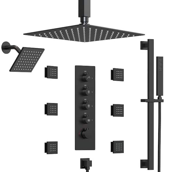 15-Spray Patterns 16 and 6 in. Ceiling Mount Dual Shower Head and Handheld with Sliding Bar 2.5 GPM in Matte Black