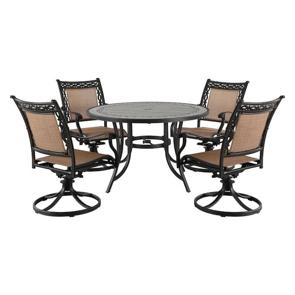 Mondawe 5-Piece Cast Aluminum Outdoor Dining Set Swivel Sling Chair 48 in. Round Ceramic Table with 2.3 in. Umbrella Hole