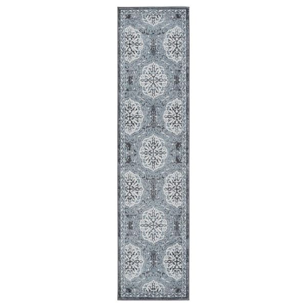 Alexandria 2 ft. 6 in. x 10 ft. 3 in. Steel Blue Bordered Pattern Runner Rug for High Traffic Entryway Kitchen Hallway