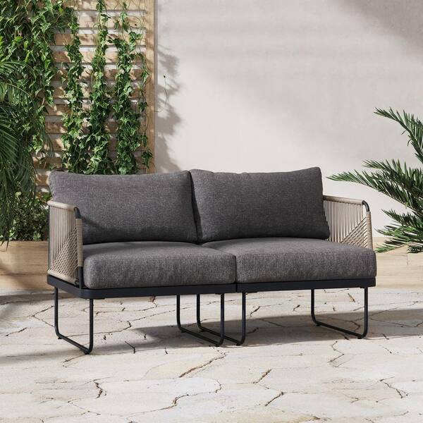 Nathan James Isla 1-Piece Matte Black Metal Frame Outdoor Loveseat with Dark Gray Cushion
