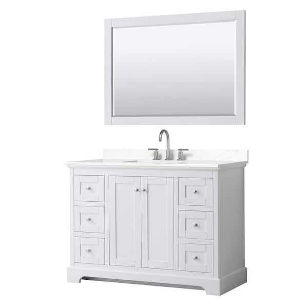 Wyndham Collection Avery 48 in. W x 22 in. D x 35 in. H Single Bath Vanity in White with Giotto Quartz Top and 46 in. Mirror