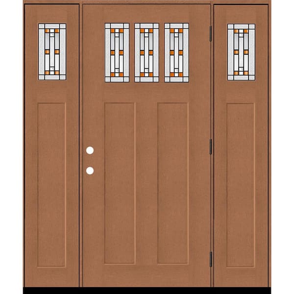 Steves & Sons Regency 64 in. x 80 in. 3Lite Amberton Deco Glass LHOS AutumnWheat Stain Fir Fiberglass Prehung Front Door w/Dbl 12in.SL
