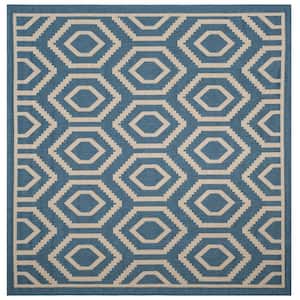 Courtyard Blue/Beige 7 ft. x 7 ft. Kilim Tribal Indoor/Outdoor Patio  Square Area Rug