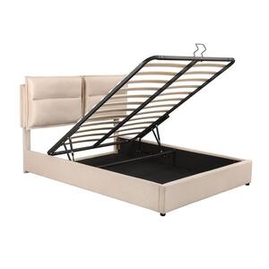 Beige Wood Frame Queen Size Upholstered Platform Bed with a Hydraulic Storage System
