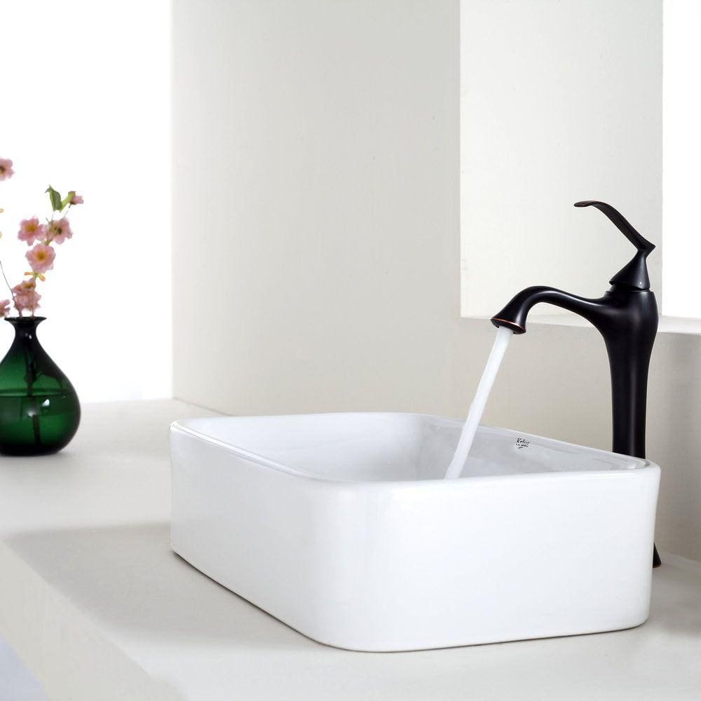 White Ceramic Rectangular Vessel Sink with Oil Rubbed Bronze Drain