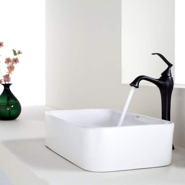 KRAUS Elavo 19.3 in. Soft Rectangular Vessel Bathroom Sink in White Vitreous China with Pop Up Drain in Oil Rubbed Bronze