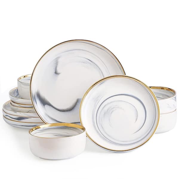 12-Piece Marble Gold Rim Dinnerware Sets, Porcelain Plates and Bowls Sets, Modern Luxury Dish Set for 4