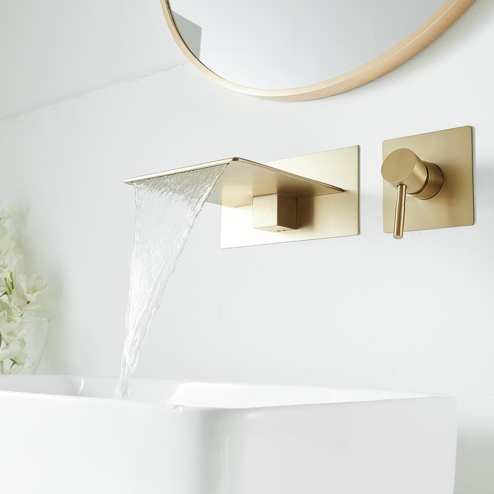Brushed Gold Wall-Mount Single-Handle Bathroom Faucet with Shelf