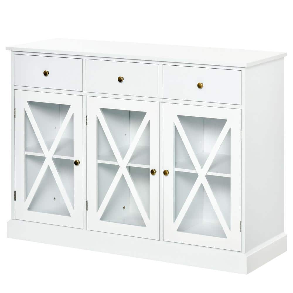 White Farmhouse Style Sideboard Buffet Cabinet with Glass Doors and Drawers