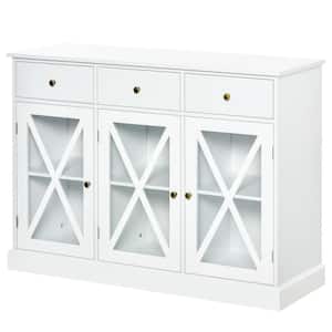 White Farmhouse Style Kitchen Sideboard Serving Buffet Storage Cabinet Cupboard with Glass Doors and 3-Drawers