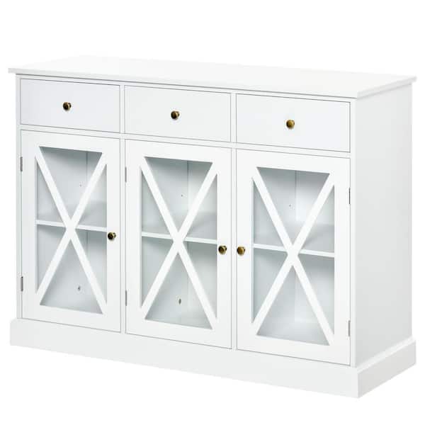 HOMCOM White Farmhouse Style Kitchen Sideboard Serving Buffet Storage Cabinet Cupboard with Glass Doors and 3-Drawers