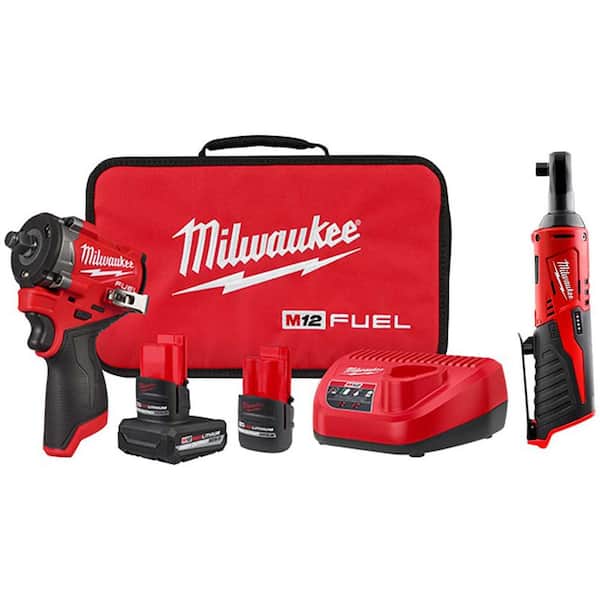 M12 FUEL 12V Li-Ion Brushless Cordless Stubby 1/2 in. Impact Wrench Kit w/(2) High Output Batteries & 3/8 in. Ratchet