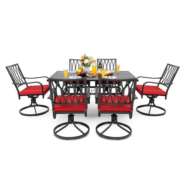 Nuu Garden - Black 7-Piece Metal Rectangle Outdoor Dining Set with Cushion Patio Furniture Set with Swivel Dining Chair
