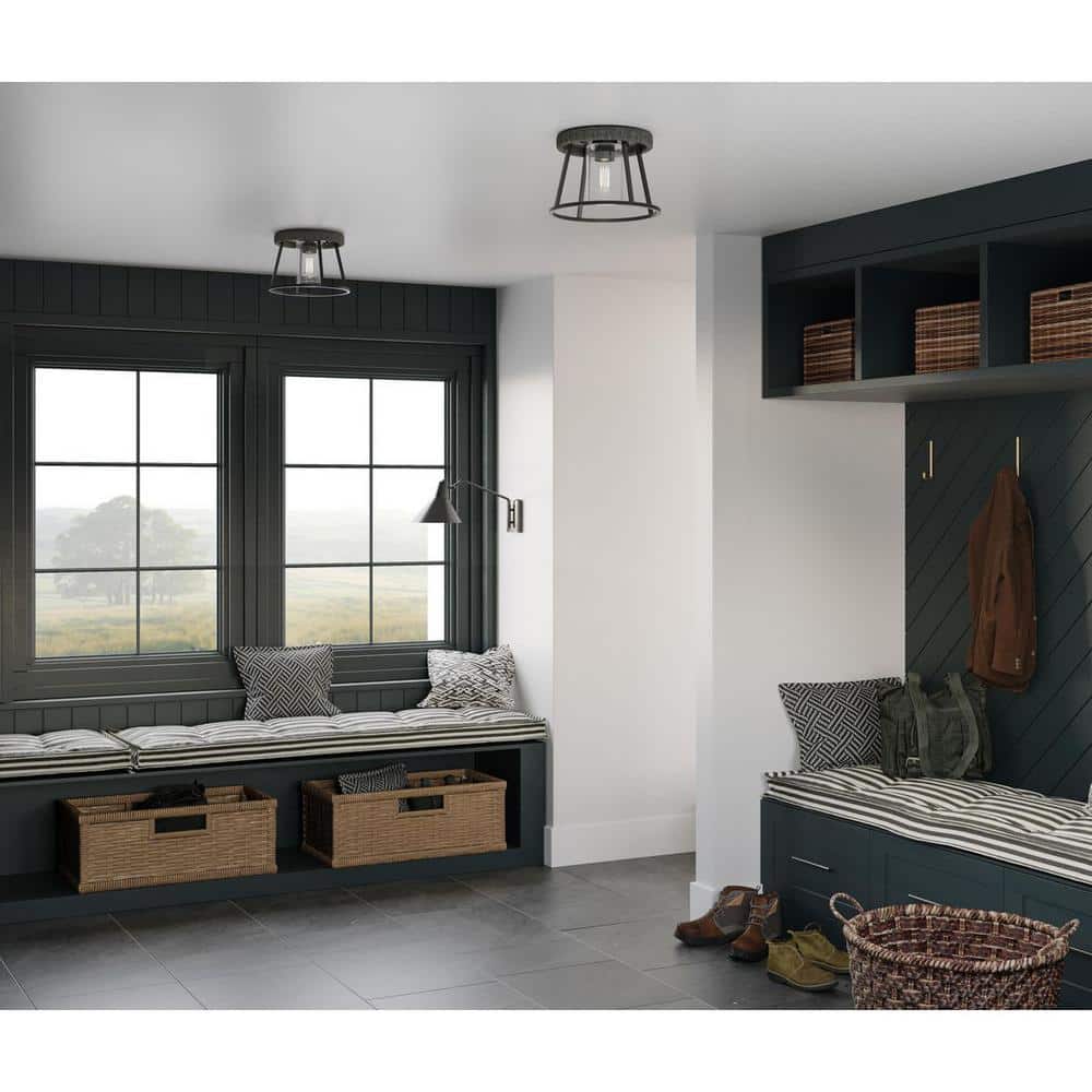 Laramie Collection 1-Light Matte Black Rustic Modern Clear Seeded Glass 12 in. Flush Mount Light price history on PriceWatchPro