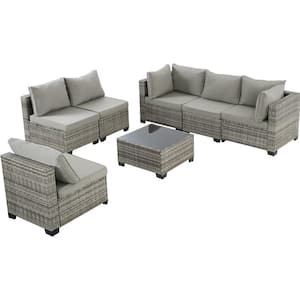 Gray Wicker 7-Piece Modular Outdoor Sectional Patio Furniture Conversation Set w/Gray Cushions 6 Chairs 1 Coffee Table