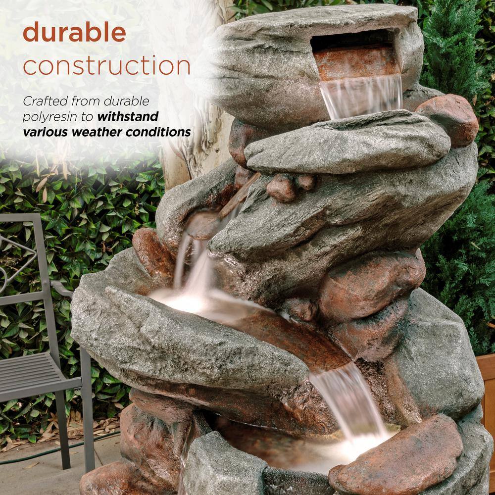 Gray Cascading Stone Outdoor Fountain with LED Lights, 53"