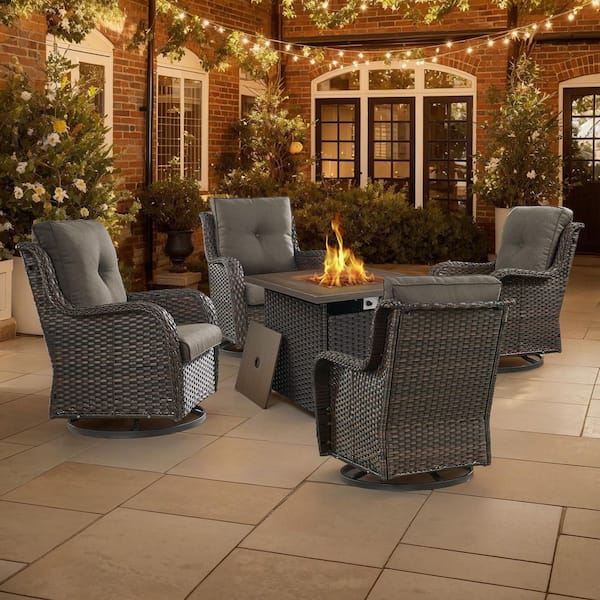 5 Piece Brown Wicker Patio Rocking Chairs for 4 with 30 Inch Gas Propane Fire Pit Table Outdoor Rocking Chair Sets Gray