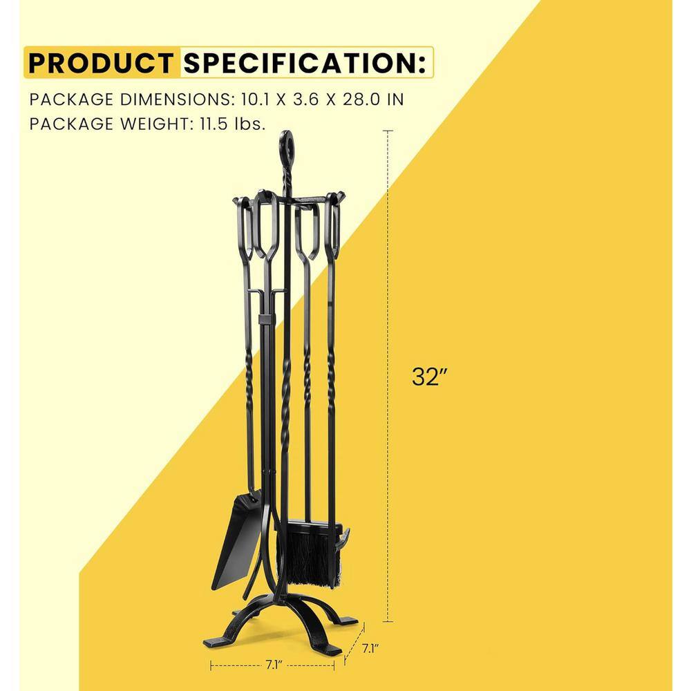 Modern Black Wrought Iron 5-Piece Fireplace Tool Set