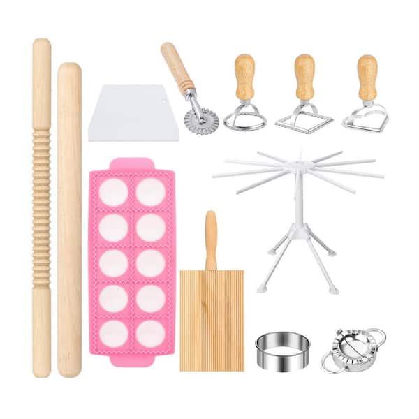 Wooden and Stainless Steel Pasta Maker Set with Drying Rack, Ravioli Press Gnocchi Board Dumpling Tools, and Rolling Pin