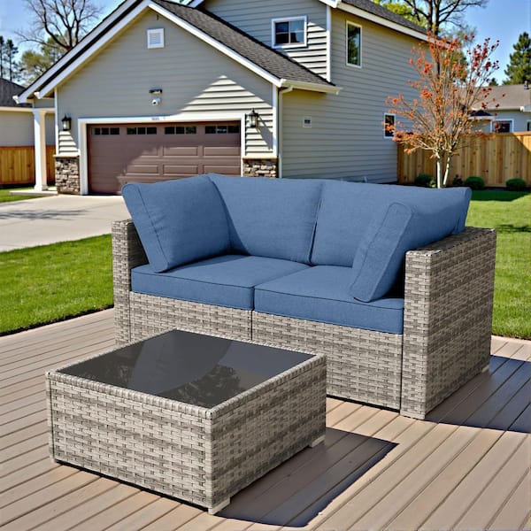 Nestle 3 Pieces Wicker Patio Conversation Seating Sofa Set with Denim Blue Cushions and Coffee Table