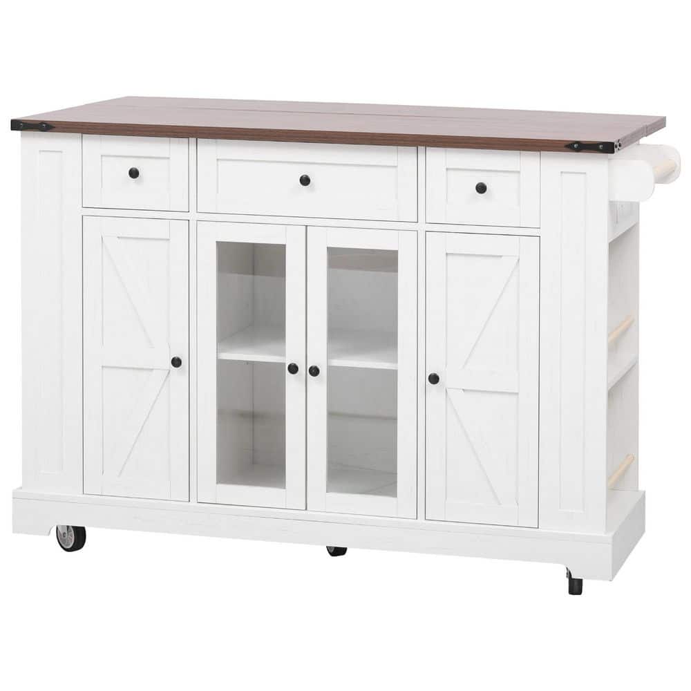 White Wood 53 in. Kitchen Island with Tempered Glass Door Storage Cabinet, 