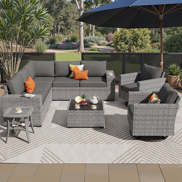 Caodoc Lanora Gray 9-Piece PE Rattan Wicker Outdoor Sectional Sofa Set with Black Cushion, Table & Rocking Chair Set for Patio