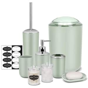 8-Piece Bathroom Accessory Set with Trash Can,Soap Dish,Toothbrush Holder,Cup,Toilet Brush Holder in Green with Labels