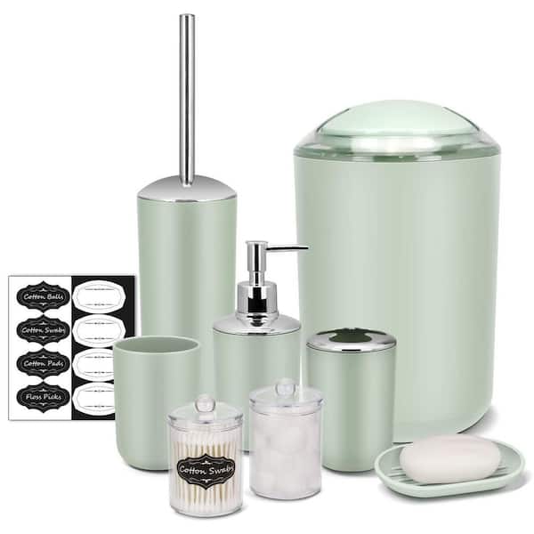 Dracelo 8-Piece Bathroom Accessory Set with Trash Can,Soap Dish,Toothbrush Holder,Cup,Toilet Brush Holder in Green with Labels