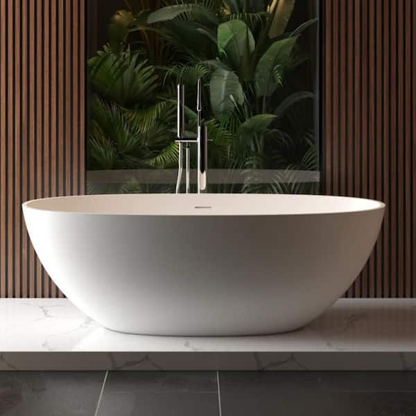 65 in. x 29.5 in. Freestanding Solid Surface Bathtub Resin Flatbottom Soaking Bathtub in Matte White