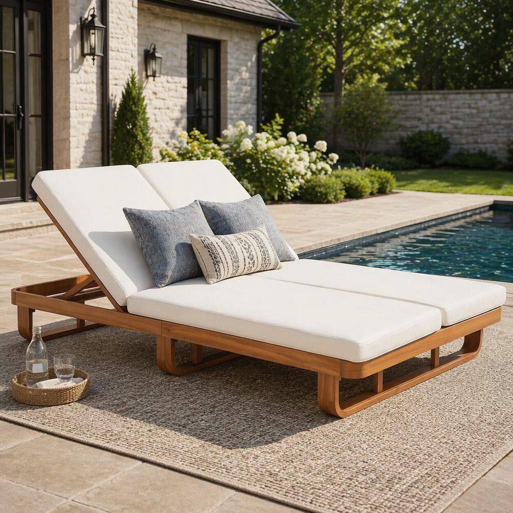 Jemima Acacia Wood Patio Outdoor Double Lounge Chairs with Beige Cushions, Brown (Set of 1) price history on PriceWatchPro