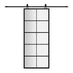 36 in. x 84 in. 10 Lite Tempered Frosted Glass Black Finished Solid Core Aluminum Barn Door Slab with Hardware Kit