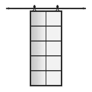 36 in. x 84 in. 10 Lite Tempered Frosted Glass Black Finished Solid Core Aluminum Barn Door Slab with Hardware Kit