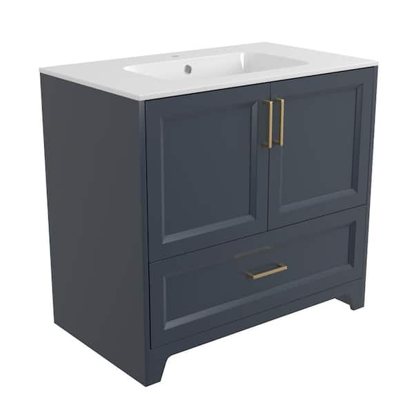 Zeafive 36 in. Freestanding Solid Wood Bath Vanity Cabinet in Navy Blue with Solid Surface White Countertop with Single Sink