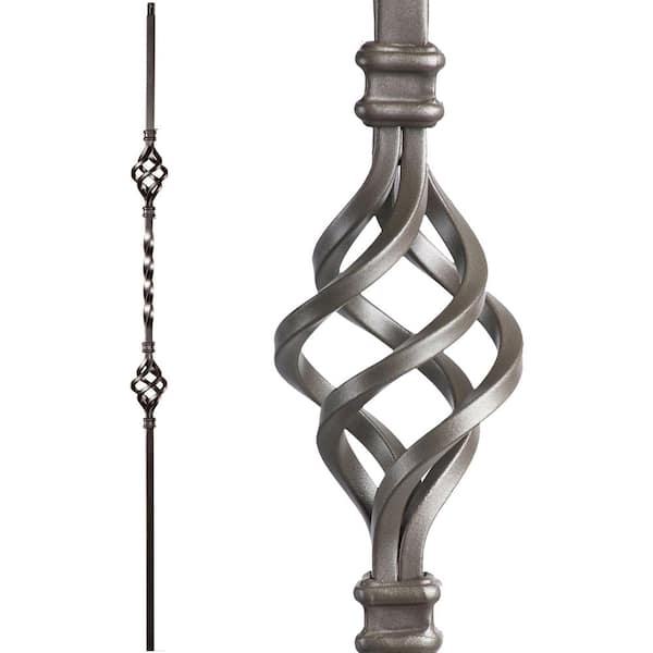 HOUSE OF FORGINGS Twist and Basket 44 in. x 0.5 in. Ash Grey Double Basket Hollow Wrought Iron Baluster