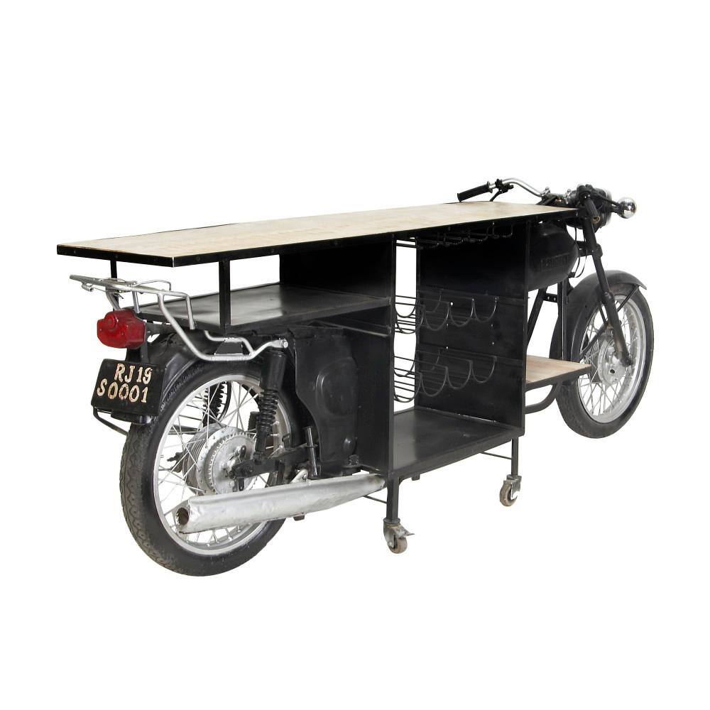 Black Metal and Mango Wood Motorcycle Bar Cart
