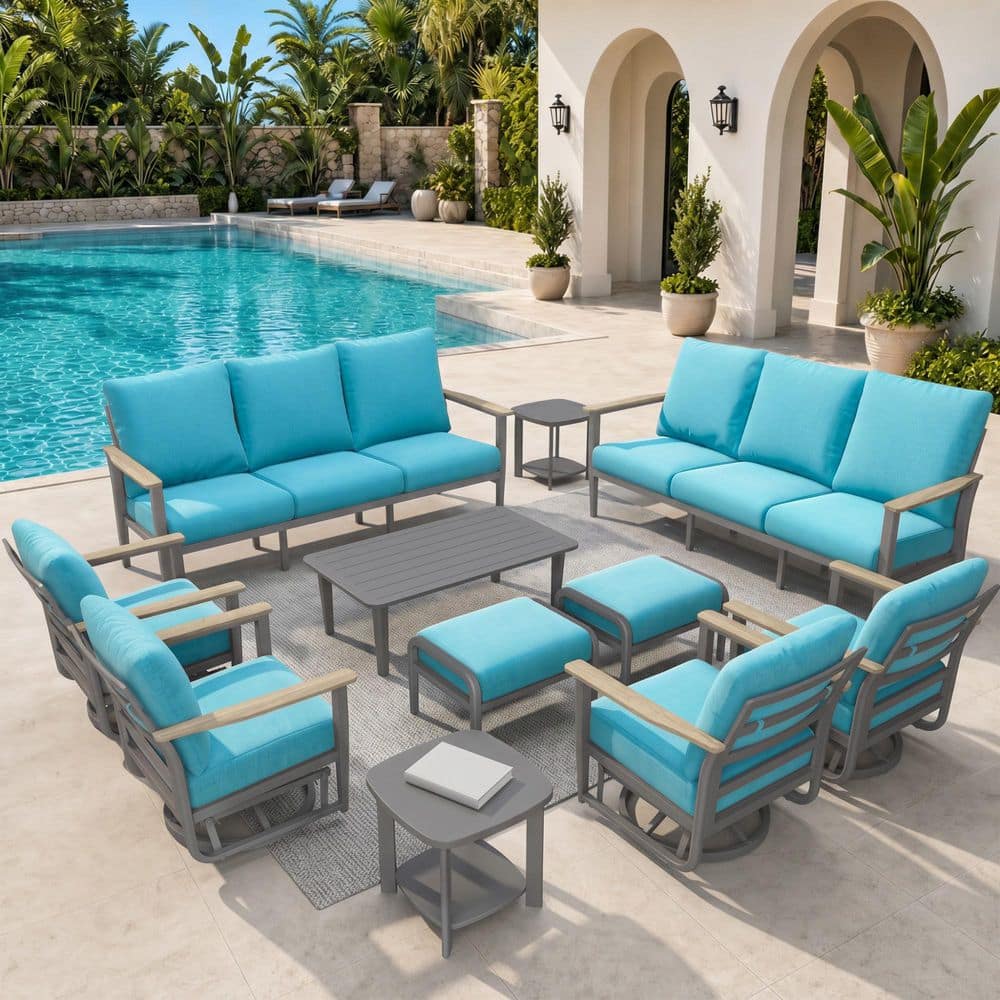 11-Piece Aluminum Patio Conversation Set with Turquoise Olefin Cushions 5.1 In. Thick Swivel Rocking Chairs & Ottomans price history on PriceWatchPro
